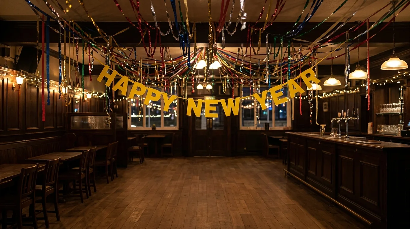 Room decorated with hanging New Year's Eve streamers